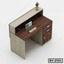 Modern office reception table with wood finish, drawers, laptop, and potted plant