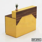Modern yellow and wood reception desk with minimalist vase, ideal office furniture