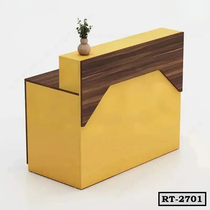 Modern yellow and wood reception desk with minimalist vase, ideal office furniture
