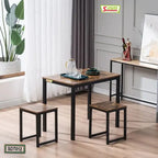 Modern small dining table set with two benches, wood tabletop and black metal frame, in bright room