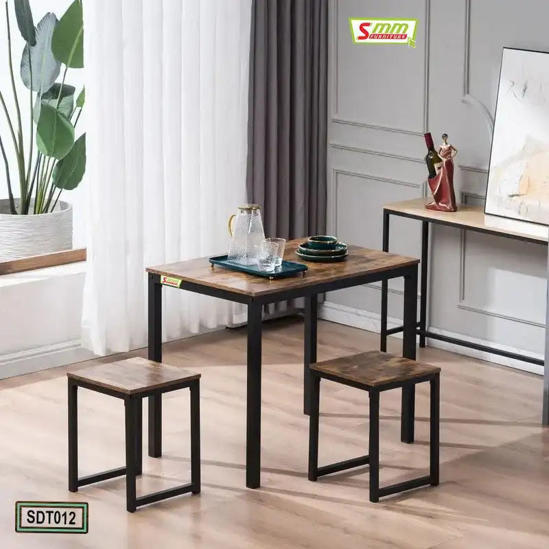 Modern small dining table set with two benches, wood tabletop and black metal frame, in bright room