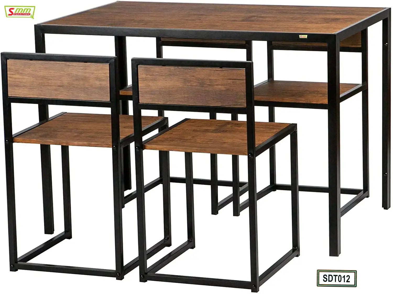 Modern dining table set with two wooden chairs and black metal frames