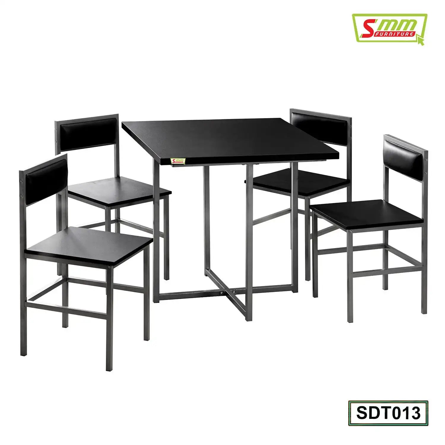 Modern black dining table set with four metal chairs and padded backrests, model SDT013