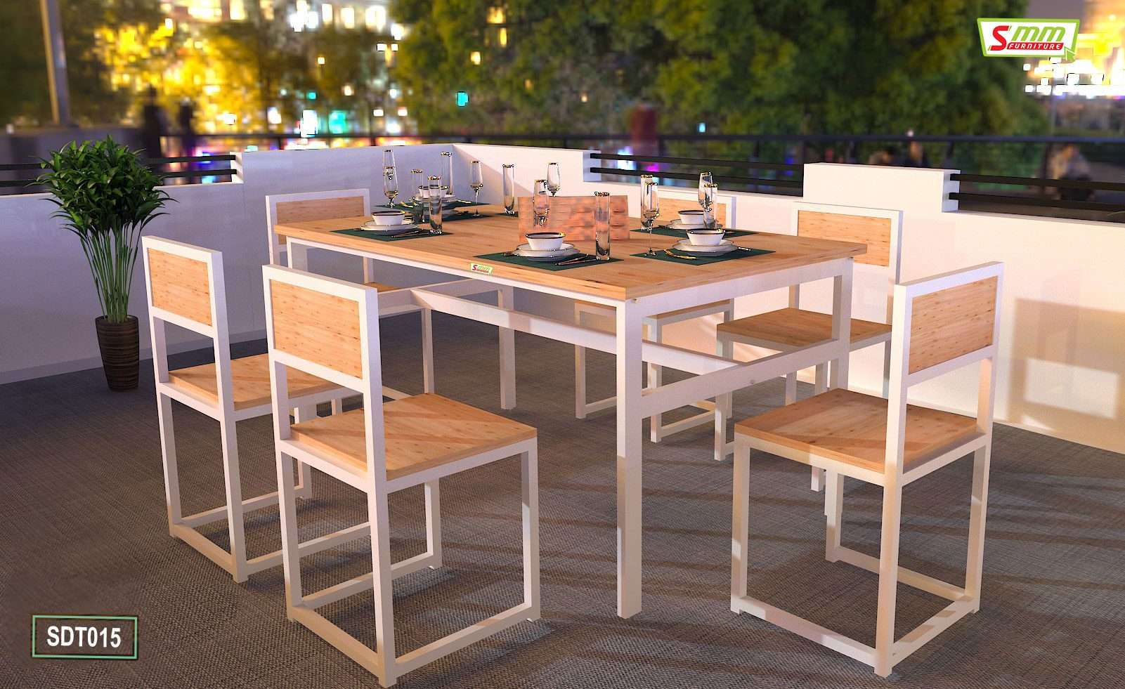 Modern wooden dining table set with six chairs on a balcony, set for dinner, with city view.