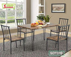 Modern dining table set with four wooden chairs, metal legs, and minimalist decor in a bright room