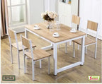 Modern wooden dining table set with four chairs, minimalist design, in a bright room