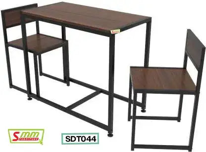 Modern black metal dining table with two matching wood chairs, model SDT044