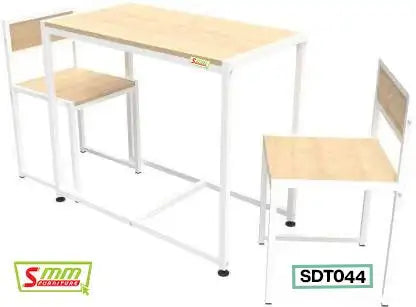 Minimalist dining table set with two wooden chairs and white metal frames
