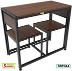 Compact wooden table with two matching benches, black metal frame, modern dining furniture