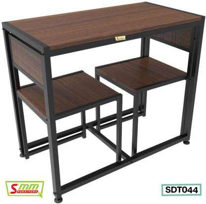 Compact wooden table with two matching benches, black metal frame, modern dining furniture