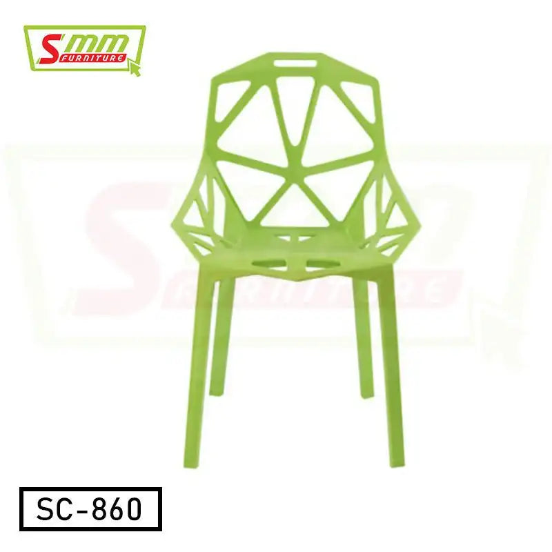 Modern green plastic chair with geometric cutout backrest, model SC-860, isolated on white