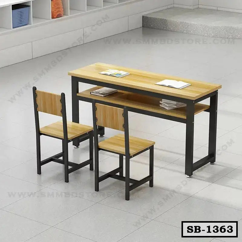 Wooden school bench with two matching chairs, metal frame, books on desk, classroom setting Main image