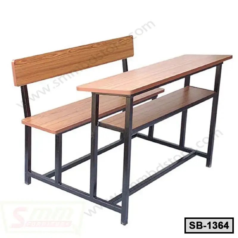 Wooden school bench with attached desk and metal frame, ideal for classroom seating Main image