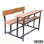 Wooden school bench with attached desk and metal frame, ideal for classroom seating