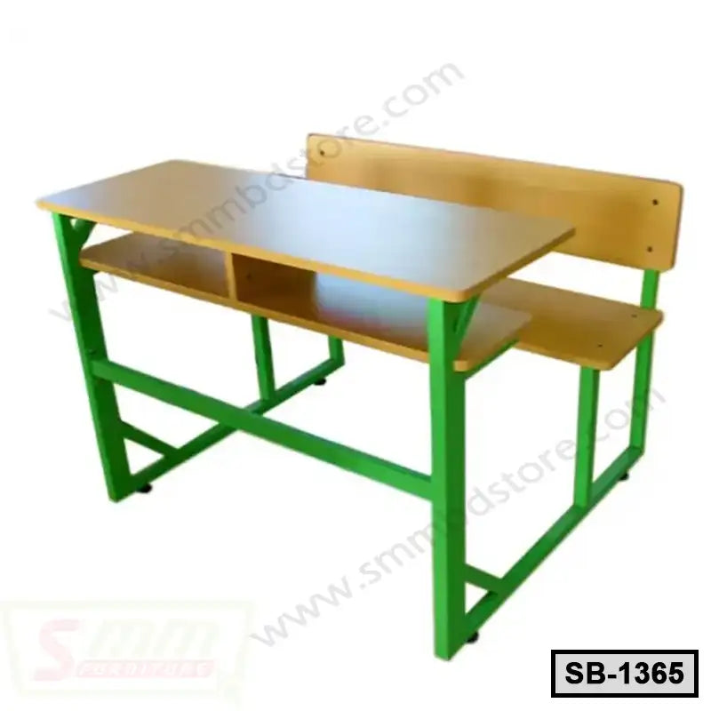 Wood and metal school bench with attached desk and green frame, ideal for classroom seating Main image
