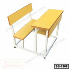 Wooden school bench and desk set with metal frame, student seating furniture