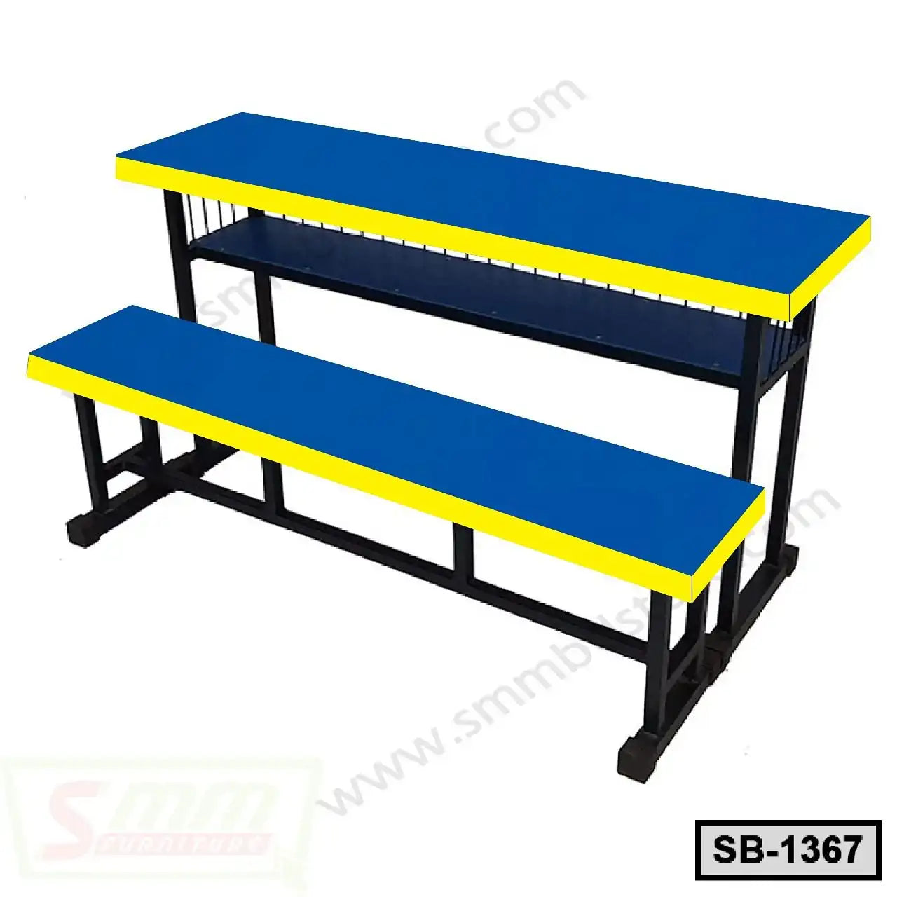 Blue and yellow metal school bench with attached desk and storage shelf Main image