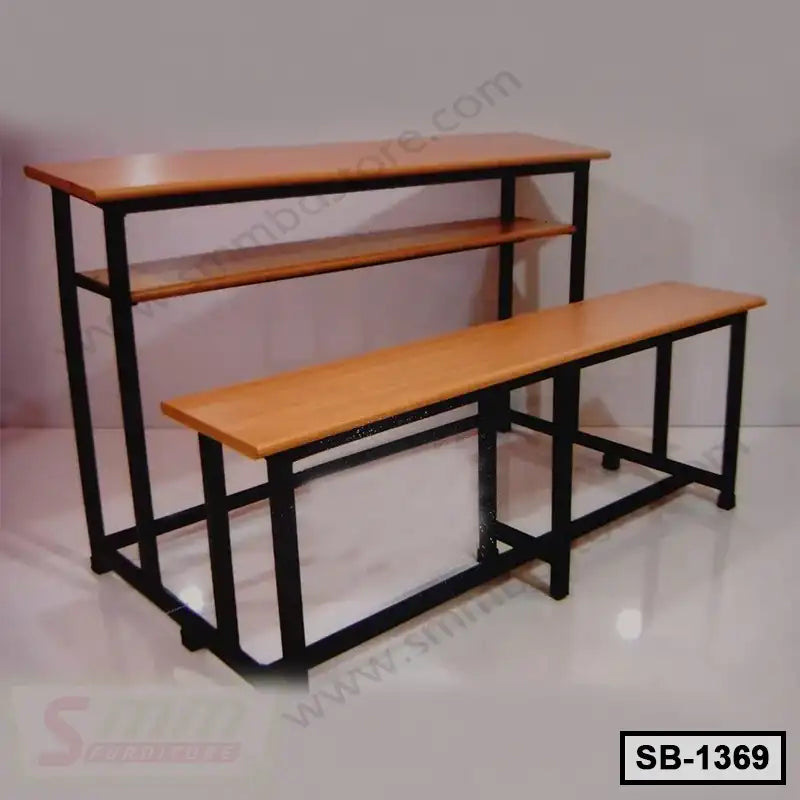 Wooden school bench with attached desk and black metal frame for classroom use