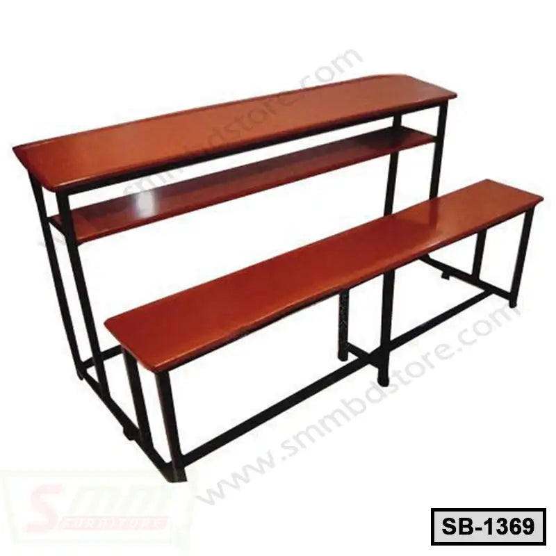 Wooden classroom bench with black metal frame and attached desk, school furniture