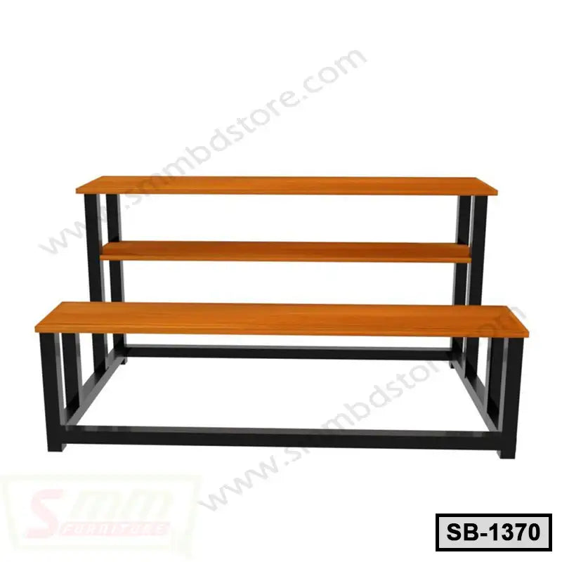 Three-tier wooden school bench with black metal frame, ideal for classroom seating