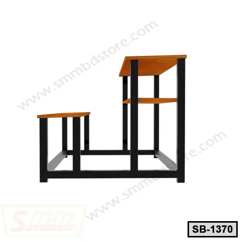 School bench with wooden desk and seat, black metal frame, ideal for classroom furniture