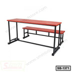 Modern school bench with red tabletop and seat, sturdy black metal frame, classroom furniture