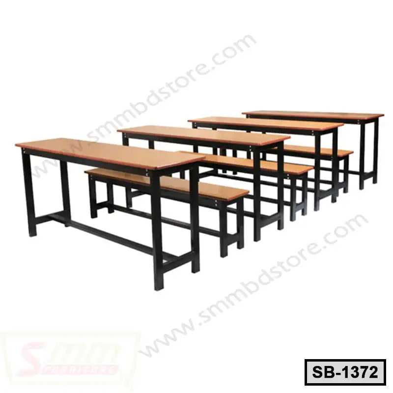 Wooden top school benches with black metal frames, classroom furniture set