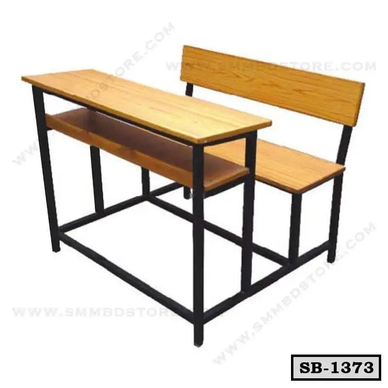 Wooden school bench with attached desk and black metal frame, ideal for classroom seating Main image
