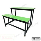 Green and black metal school bench and desk set, classroom furniture, isolated on white