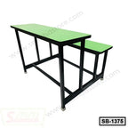Modern metal frame school bench with green tabletop and matching seat, ideal for classroom furniture.