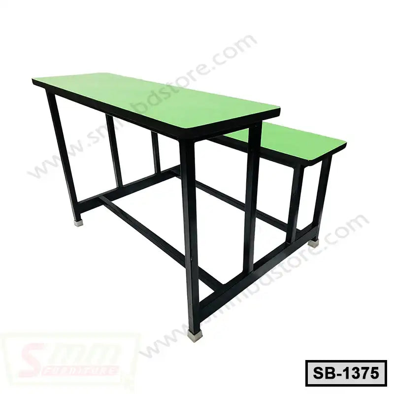 Modern metal frame school bench with green tabletop and matching seat, ideal for classroom furniture.