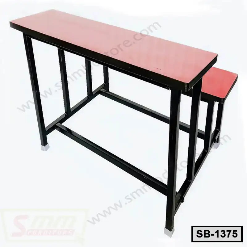 Metal frame school bench with attached wooden desk and seat, ideal for classroom use