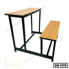 Wooden school bench and desk set with black metal frame, classroom furniture