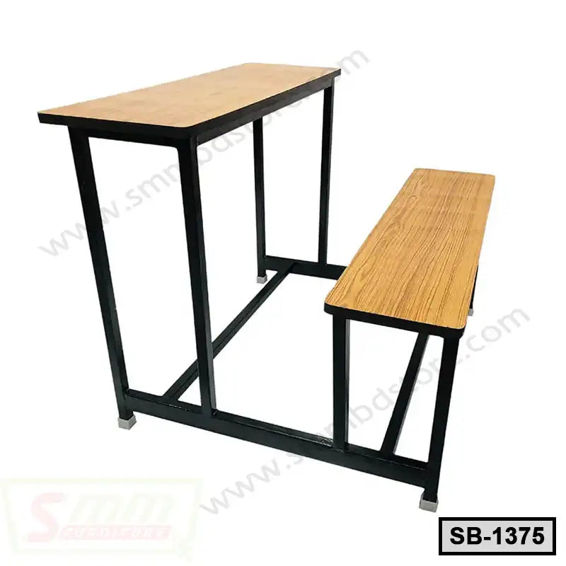 Wooden school bench and desk set with black metal frame, classroom furniture