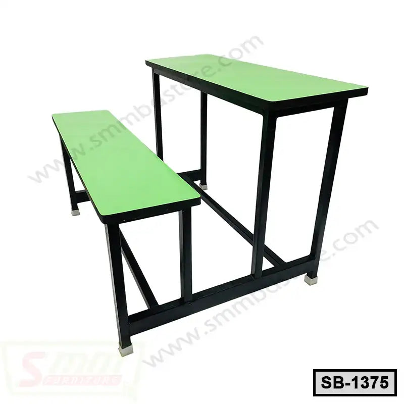 Green school bench and desk set with black metal frame, classroom furniture