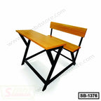 Wooden school bench with attached desk and black metal frame, model SB-1376, on white background.