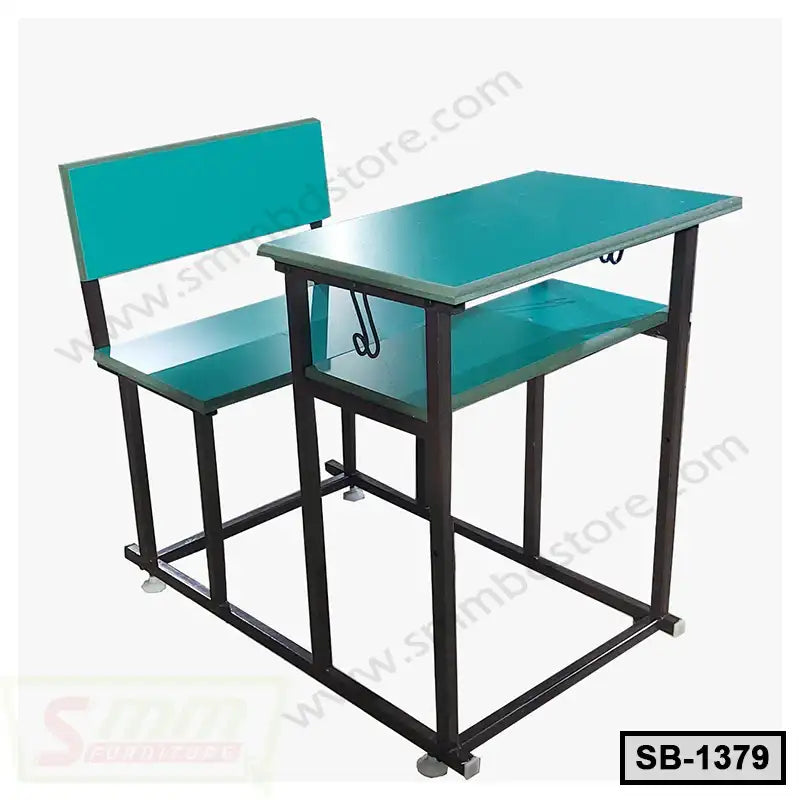 Green and black metal school bench with attached desk and seating for two students Main image