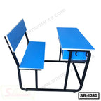Blue school bench and desk set with metal frame, suitable for classroom seating