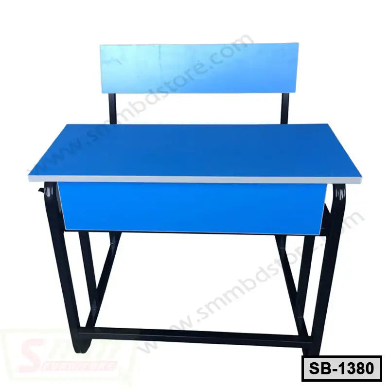 Blue and black school bench with attached desk and backrest, steel frame, model SB-1380