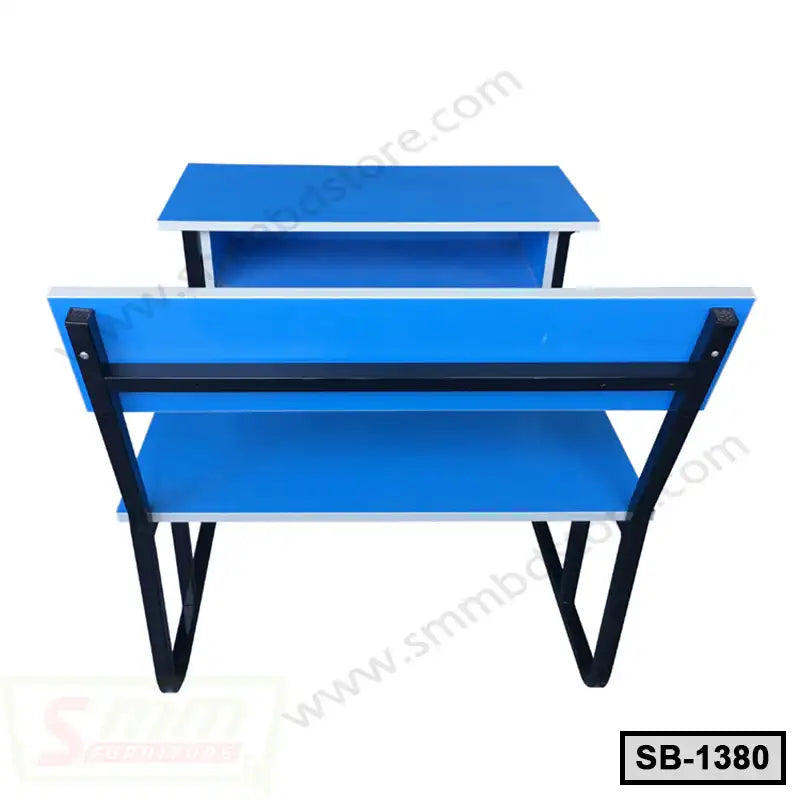 Blue and white metal school bench with desk, modern classroom furniture, SB-1380 model.