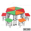 Colorful school benches and triangular desks set with metal legs, ideal for classroom seating.