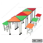 Colorful modular school desks and stools set with metal legs, ideal for classroom furniture.