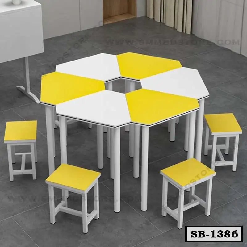 Modular hexagon school bench set with yellow and white tables and matching stools in classroom. Main image