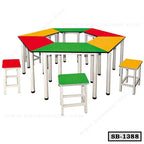 Colorful hexagonal school bench set with matching stools for classroom furniture