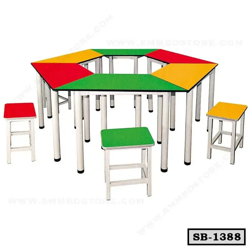 Colorful hexagonal school bench set with matching stools for classroom furniture