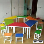 Colorful hexagon school bench and stools set, modern classroom furniture on wooden floor