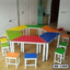Colorful hexagon school bench and stools set, modern classroom furniture on wooden floor