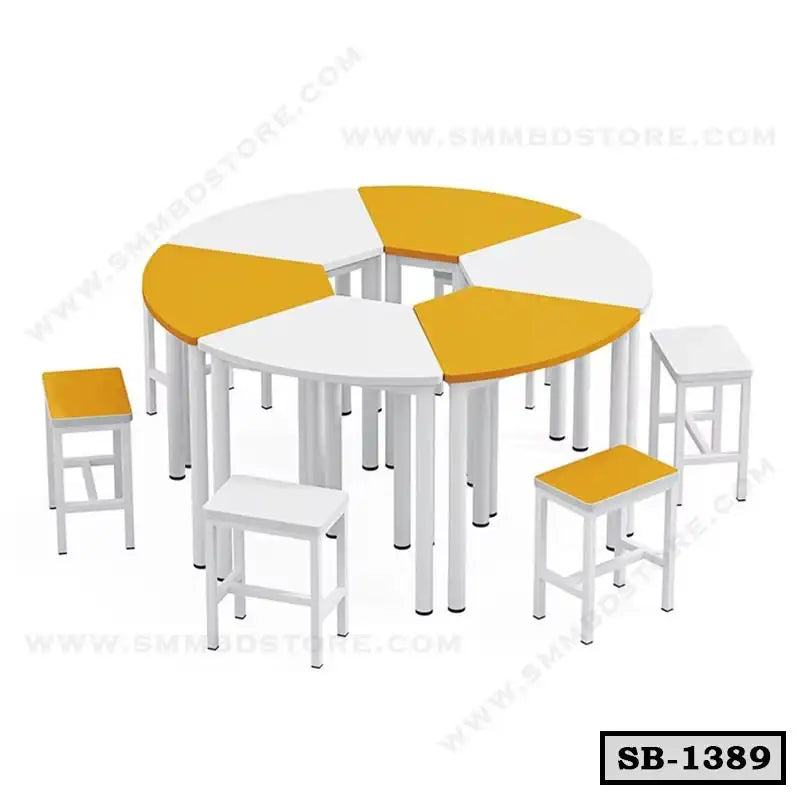 Circular modular school bench set with white and yellow desks and matching stools Main image