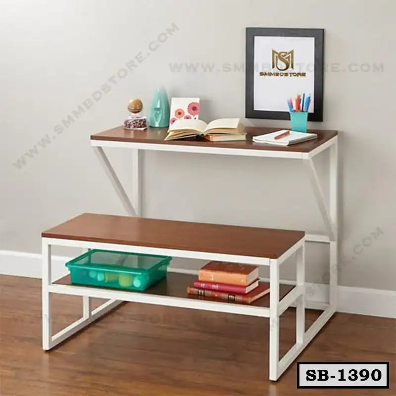 Modern wooden school desk and bench set with metal frame, study table and books Main image