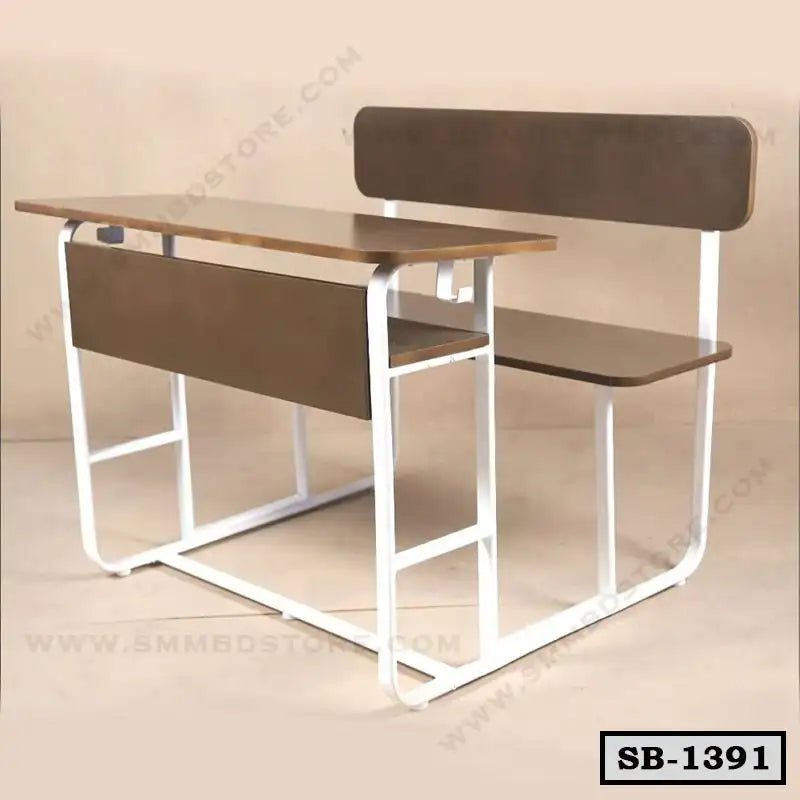 Modern school bench with attached desk and seat, wood and white metal frame, classroom furniture Main image